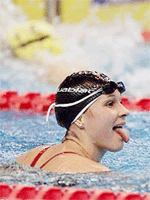Germany's Hannah Stockbauer pokes her tongue out after her heat in the women's 1500m freestyle at the World Swimming Championships in Fukuoka on Friday.