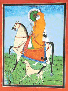 A Pahari 19th century equestrian portrait of Baba Sahib Singh Bedi. Collection: Chandigarh Museum & Art Gallery.