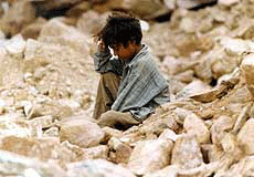 An orphaned boy waiting for shelter and clearing of debris, which made his house disappear in the killer earthquake of January 26 in Bhuj, Gujarat, on Sunday.