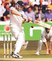 Australia's Adam Gilchrist plays a shot off England pace bowler Alex Tudor on the second day of the third Test in the Ashes tour at Trent Bridge, Nottingham on Friday. 