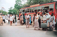 A bus stops on the highway to take passengers.