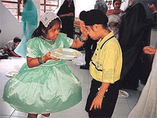 Inmates of Nirdosh celebrate raksha bandhan in Ludhiana on Monday. 