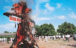 Chandigarh Vikas Manch activists burn an effigy of the Chandigarh Housing Board.