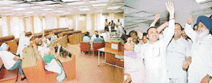 Stunned Chandigarh Municipal Corporation members asking the mayoral election meeting presiding officer Harishesh Bhanot why the election was not being held. Right: Acting Congress Mayor Gurcharan Dass Kala joining BJP and SAD local unit presiding Dharampal Gupta and Gurpartap Singh Riar, respectively, in raising slogans against the Congress in Chandigarh on Friday