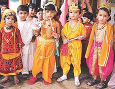 Students of Hollyhock Nursery School celebrate Janmashtami in Ludhiana on Friday. 