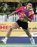 Marleve Mainaky jumps to smash during his match against Gopichand 