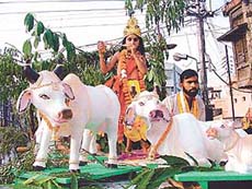 A tableaux in the shobha yatra taken out on the eve of Janmashtami in Ludhiana on Friday.