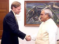 Prime Minister Atal Behari Vajpayee with U.S. trade representative Robert Zoellick at his residence in New Delhi on Friday.