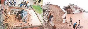 The house that collapsed at Bartana after a heavy rain on Tuesday and (right) a breach in a new bridge on the Ghaggar due to the rain.