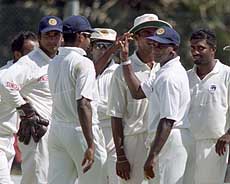 Sri Lankan cricket team members celebrate the dismissal of Indian batsman.