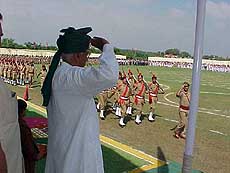The Haryana Chief Minister, Mr Om Prakash Chautala, takes the salute at the Independence Day function at Yamunanagar.