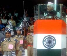 Jammu and Kashmir Chief Minister Dr Farooq Abdullah addressing Independence Day function at Bakshi stadium after unfurling the National Flag in Srinagar on Wednesday.