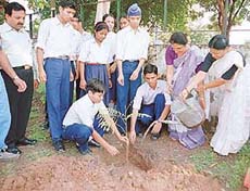 Mrs Manju Lata Saxena, Assistant Commissioner, Chandigarh Region East (extreme right), and Mr S.P. Shergill, Principal, Kendriya Vidayalya, Sector 31, water saplings after plantation on the school premises in Chandigarh on Friday.
