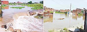 A scene of breach in Budda Nullah and (right) water accumulation in a residential area of Ludhiana. 