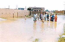 Residents wading through accumulated water in MS Nagar. 