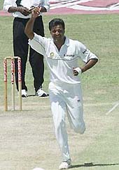 Indian bowler Javagal Srinath appeals unsuccessfully against Sri Lankan batsman Sanath Jayasuriya during the fourth day of the first test in the southern city of Galle on Friday.