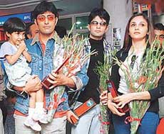 Film stars Sandhli Sinha (R), Himanshu (centre) and Priyanshu in Chandigarh on Saturday.