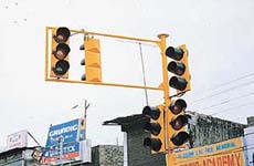Traffic lights that have stopped working at one of the important road junctions in Pathankot.