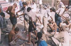 Volunteers of Sahara Jan Sewa give bath to the mentally challenged in Bathinda on Sunday.