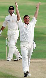 England bowler Darren Gough celebrates taking the wicket of Australias Ricky Ponting for 72 during the fourth Ashes Test at Headingley, Leeds, on Sunday. 