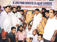 Congress leaders paying floral tributes to Rajiv Gandhi on his 57th birth anniversary in Ludhiana on Monday. 