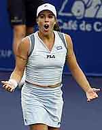 Jennifer Capriati questions a line call.