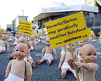 Rows upon rows of dolls holding miniature-sized placards were placed in front of Swiss pharmaceuticals group Novartis in Basle on Tuesday by activists of Greenpeace. 