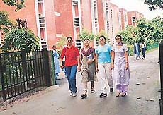 Residents of MCM DAV College hostels on their way to the college.