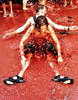 Revellers splash tomato pulp after the annual Tomatina (tomato fight) in the Mediterranean village of Bunyol, near Valencia on Wednesday.