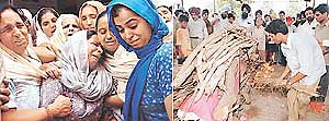 (Left) Baljeet Kaur, widow of Subedar Manjit Singh being consoled by relatives and, (right) the elder son of the martyr, Paramjit Singh, lights the pyre of his father at SAS Nagar on Thursday.
