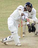 Indian captain Saurav Ganguly hits a boundary on the fourth day of the second cricket Test in Asgiriya Cricket Stadium in Kandy on Saturday.