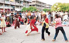 Students of Government Girls Senior Secondary School stage a play Shaadi Wala Singho Wala Urf Shaadi Singh Wala in Sector 17, Chandigarh, on Monday. 