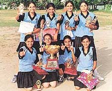 The team of Dev Samaj College for Women, Sector 45, winner of the fifth UT State Ball Badminton Meet, in Chandigarh on Monday.
