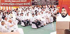 Mr Shamsher Singh Dullo, MP, addresses a gathering at the foundation stone-laying ceremony of Manas Bhidar Vidyalaya at Mandi Gobindgarh on Sunday.