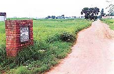 The foundation stone of a road between Rania and Jarkhar villages, which was laid on September 23, 1999. No work has started on the road.