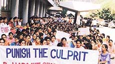 The students sitting on a dharna outside the Thapar hall of PAU.  