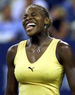 Serena Williams of the USA reacts after losing a point during the second set of her win over Anca Barna of Germany 5-6, 6-1, 6-2 in their first round match at the U S Open Tennis Championship in New York on Monday.