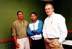 From left: Bombay-based doctor Anant Joshi, Indian cricketer Sachin Tendulkar and Dr Mark Ferguson pose for a photo on Monday in Johannesburg, where Dr Ferguson is treating Tendulkar for a foot injury.