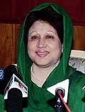Former Prime Minister Begum Khaleda Zia, chief of the Bangladesh Nationalist Party (BNP), smiles at members of the Overseas Correspondents Association in Dhaka on Tuesday. 
