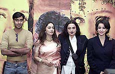 Film stars (from left) Ajay Devgan, Madhuri Dixit, Rekha and Manisha Koirala pose for photographers while publicising their latest movie Lajja in New Delhi on Wednesday. 