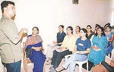 Director producer Anil Jha address the students at a workshop on communication skills at Government College of Girls, Sector 42, Chandigarh, on Friday. 