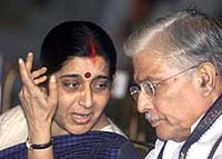 Union Information and Broadcasting Minister Sushma Swaraj having a word with Union HRD Minister Murli Manohar Joshi.