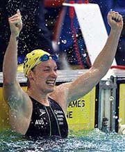 Australia's Sarah Ryan celebrates after finishing first in the 4x100 metre medley relay race 