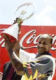 Sri Lankan captain Sanath Jayasuriya holds the trophy