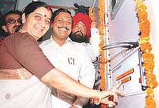 Ms Sushma Swaraj, Union Minister for Information and Broadcasting, inaugurates low power transmitter (LPT) of Doordarshan at Sector 37 in Chandigarh on Monday.
