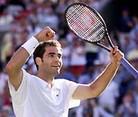 Pete Sampras of the United States celebrates his win over Patrick Rafter 