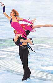 The Russian figure skating pair of Irina Lobacheva and Ilia Averbukh perform during the free dance routine at the Goodwill Games.