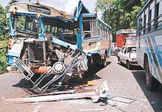 The CTU bus that rammed into a stationary Army truck at Airport Chowk on the Chandigarh-Ambala highway on Monday. 