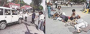 BHMS students block traffic for over two hours in Ludhiana on Monday. 