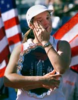 Nathalie Tauziat of France cries after the women's doubles final at the US Open Tennis Championship in New York on Sunday.